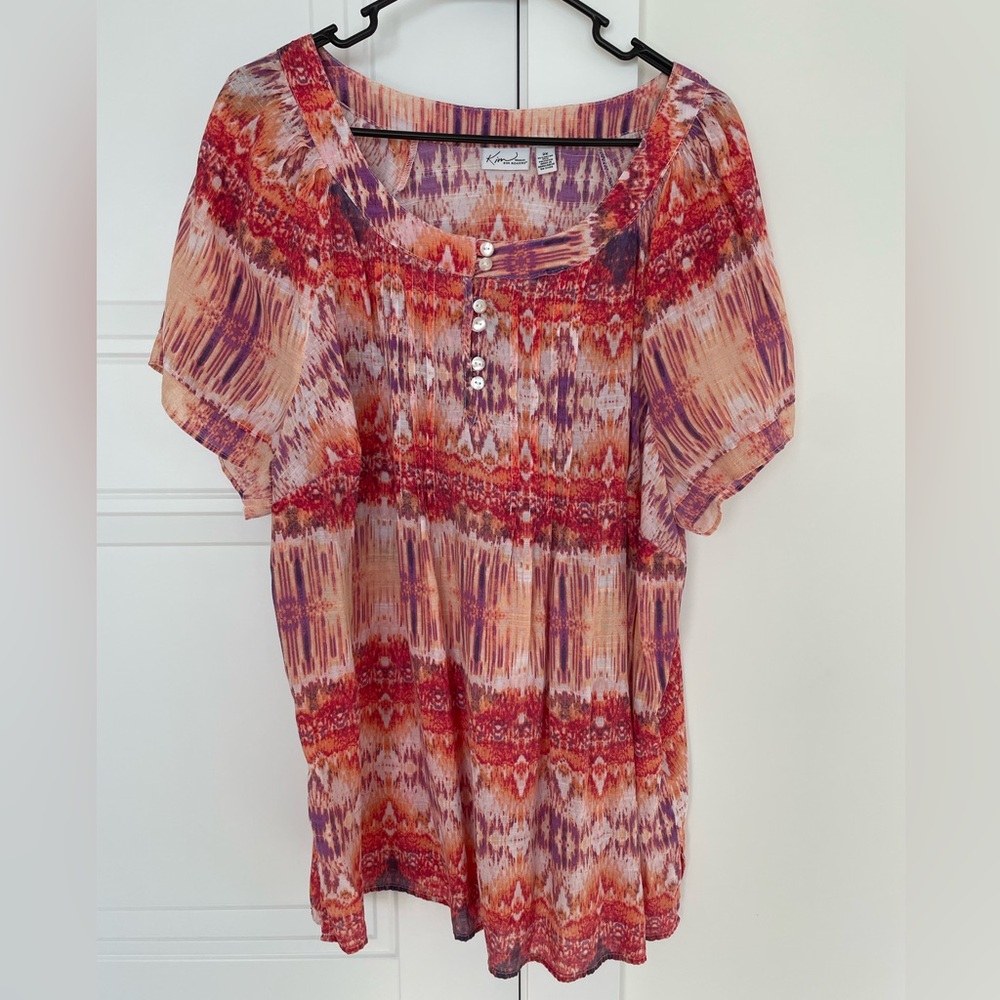 Kim Rogers Woman Orange Purple & Red Abstract Pattern Blouse Top Size 2X